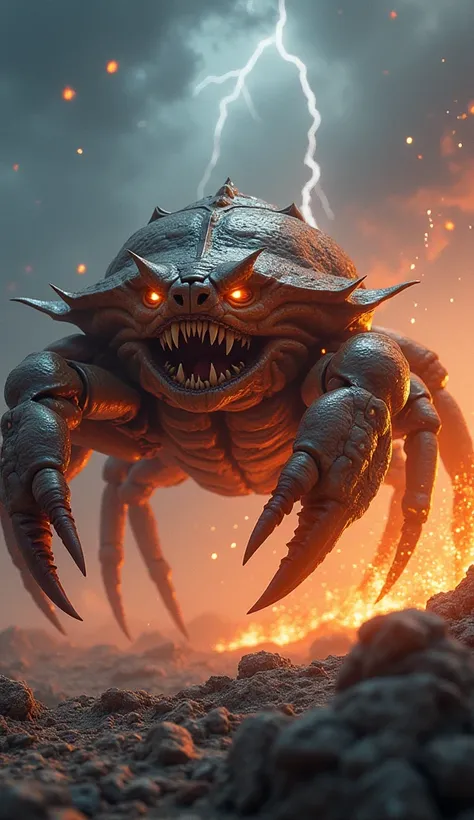 create 32k hyper-realistic, dynamic image of a Dangerous Fighting Hybrid Fusion between a massive, muscular crab and a sleek, powerful cheetah. The fusion should be of gargantuan size, combining the crab’s armored exoskeleton with the cheetah’s fluid, feli...