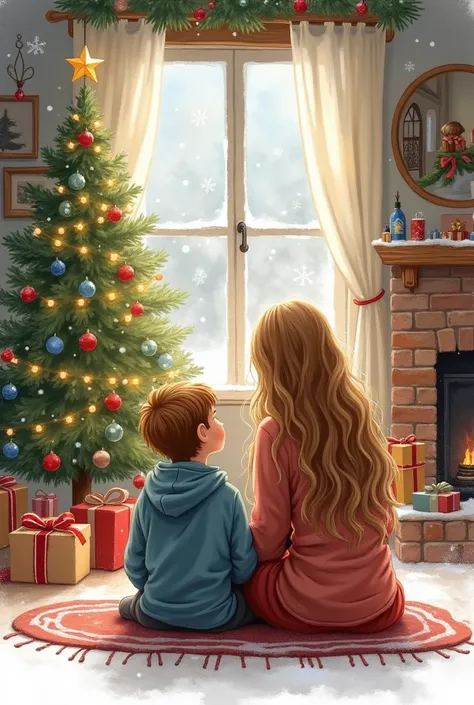 A  boy with his back is sitting with his mother next to a Christmas tree decorated with gifts under them in their snowy house His mothers hair is medium blond boy and the two with brown hair look at each other and laugh make this watercolor picture 