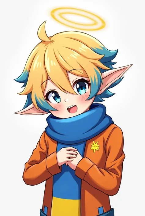 A boy with blonde hair and blue tips ,  with two wings protruding behind his ear and a halo above his head , and he is wearing an orange , and also around his neck, a scarf in the colors of Ukraine hugs the Sunday character from the game Honkai Star Rail 