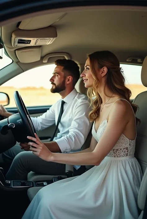 A couple of young brides and grooms realistic photo that the groom is teaching them how to handle the bride sitting on the legs of the groom and the bride driving the steering wheel and the groom with the pedals and gear lever 