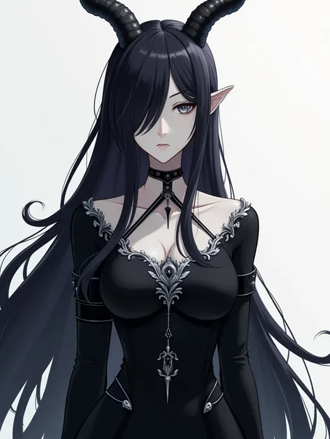 Kernoths maid has a pale and serious face, with two horns that curve elegantly upwards. Your black hair, long and silky, delicately covering her eyes, adding an air of mystery and intrigue to her appearance. She has an upright and elegant posture, emanatin...