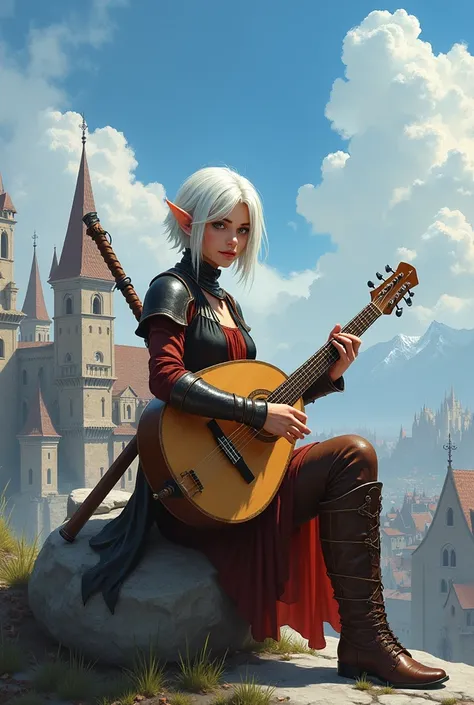 In the style of RPG ,  in the style of Dungeons  & dragons,  in the style of fantasy painting .  full body view ,  looking at the viewer .  image of a female elf bard with a lute,  leather armor and high leather boots , short sword behind you,  short white...