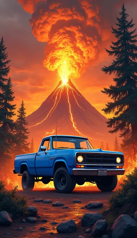 1970 dodge truck color blue and behind the van a volcano erupting illustration and trees with flames