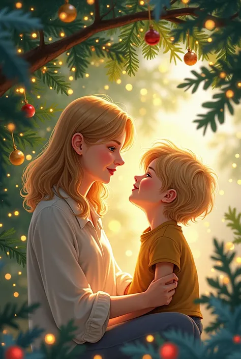 A  boy and his mother with blond medium-length hair are sitting under the decorated Christmas tree and they look at each other and smile Do this with watercolor 