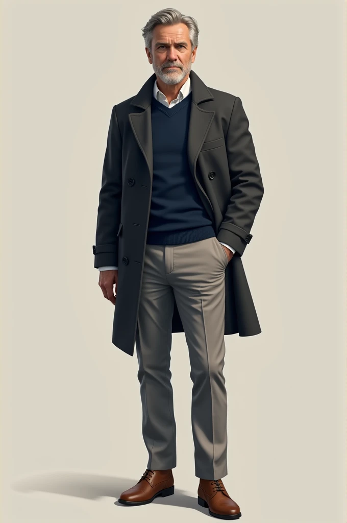  Image of a man wearing a dark gray coat light gray pants, navy blue jersey ,  light brown shoes 