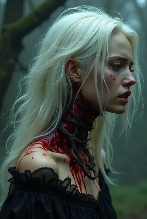 The white-haired girls neck was covered in thorns, her neck was bloody.The girl was trying to escape from that curse.