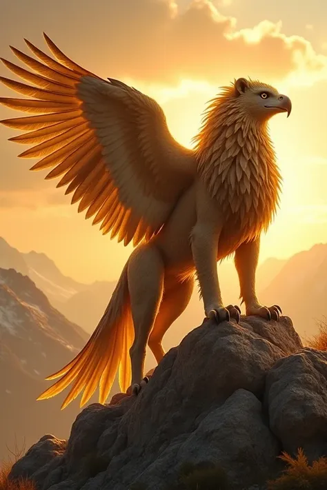 Imagine a creature that is a blend of an eagle and a lion. It has the majestic wingspan of an eagle with shimmering golden feathers, powerful talons, and a sharp beak. Its body resembles a lion’s strong muscular frame, covered in sleek fur, with a long, fe...