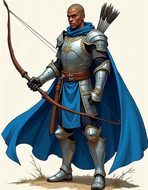  Manga-style illustration, black man, shaved hair, Young,  brown eyes . using medieval armor, with royal blue cape , carrying bow and arrow .  full body
