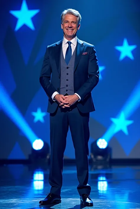 "A blue tiger stands with a man standing confidently on a brightly lit stage against a vibrant blue background with a star-themed theme. He is wearing a dark blue formal suit with matching checkered patterns, white shirts and vests. The man is wearing a bl...