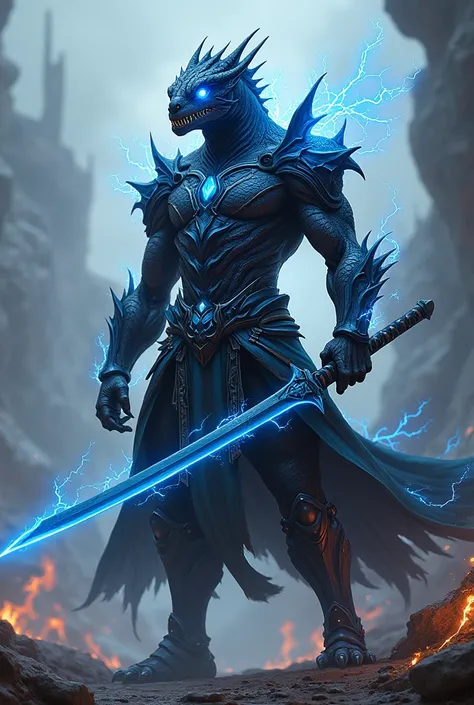  A dravonato warrior with black scales , a dark blue katana ,  shining armor and electrical powers 