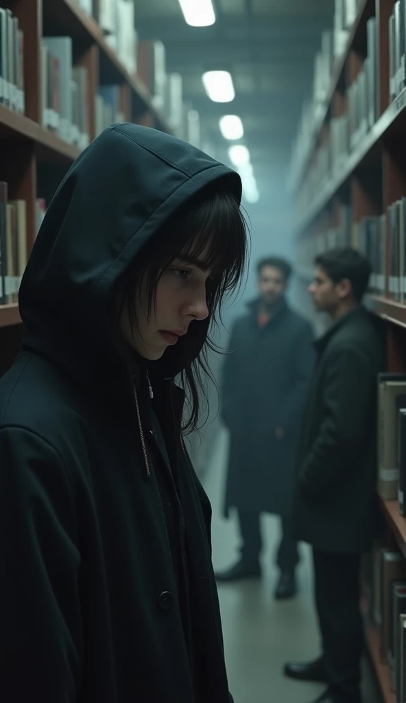 , (highest quallity、tabletop、8k、best quality image、Hyper-Realism) male teenager, belo male teenager, wearing a hooded coat on his head, detailded, long hair, looking at two men, Grieving, in a library