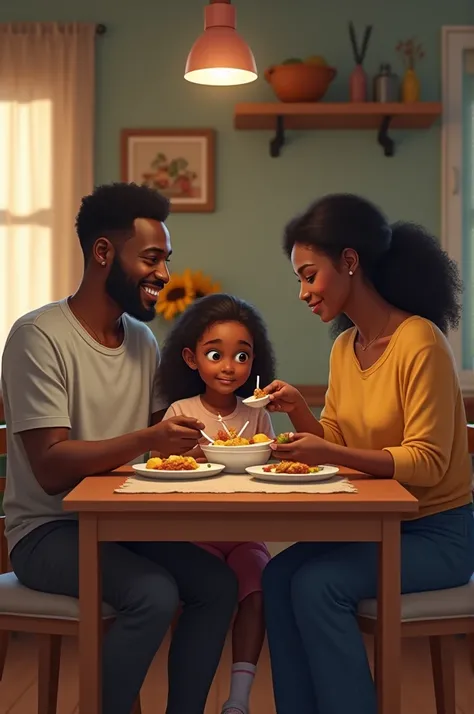 A black family of 3 having a meal