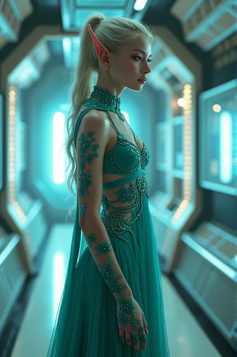 A sci-fi elven beauty in a short teal dress, her body adorned in futuristic clothing with biopunk elements, posing in a spaceship room.