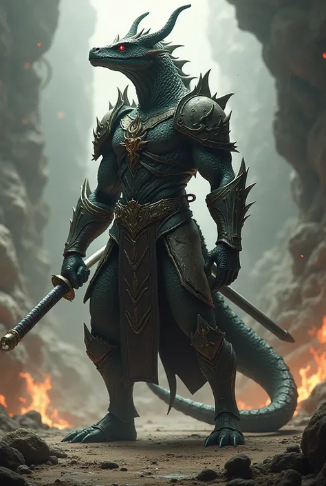 A draconate in pants and armor with a katana 