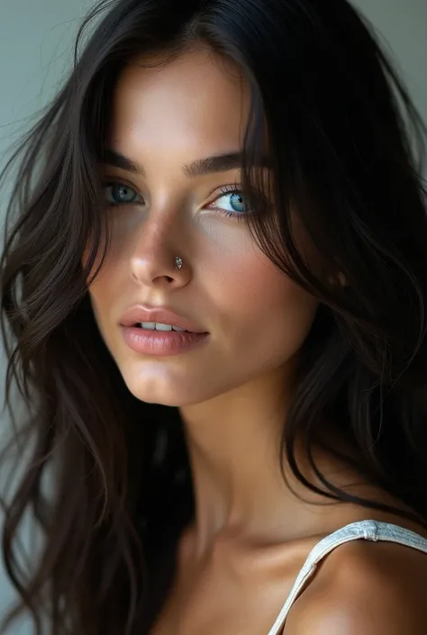 Beautiful girl with long dark hair and sexy blue eyes 