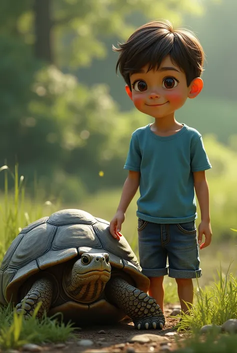 A realistic image of a turtle and next to it an  boy wearing a blue t-shirt and denim shorts