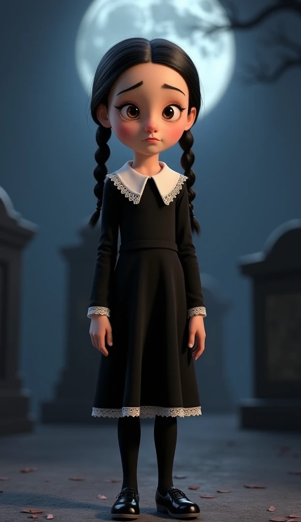 Create a full-body Disney Pixar 3D rendering of a young girl with dark braided hair and big, curious brown eyes, dressed as Wednesday Addams. She wears a long-sleeved black dress with a perfectly folded white collar, white lace trim at the cuffs, black tig...