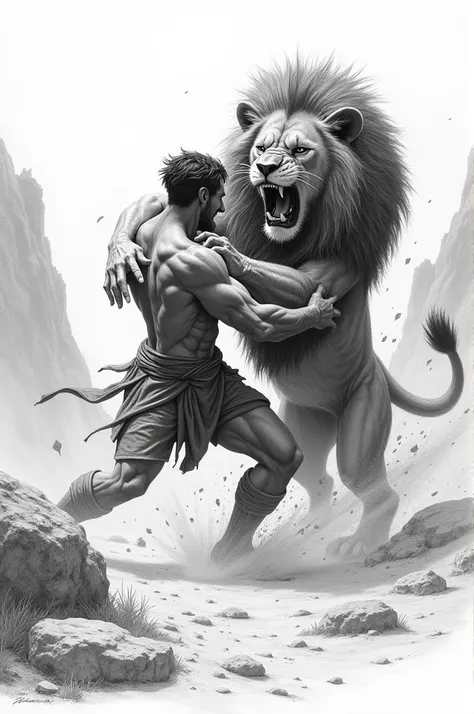 Man fighting with a lion pencil drawing 