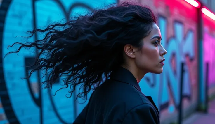 "Dynamic cinematic advertising shot, horizontal 16:9, in ultra-realistic 8K resolution. The focus is on a model with bold, dynamic, and voluminous hair, styled to showcase natural movement and texture. The model, non-binary or female, has wavy, curly, or c...