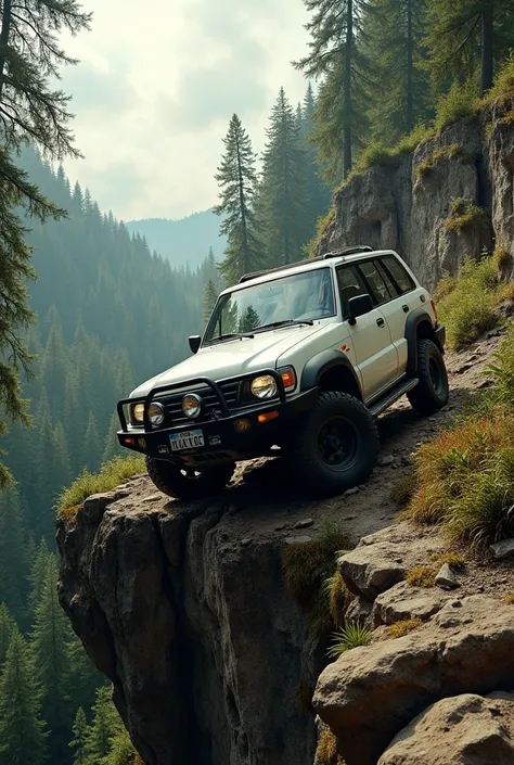 Nissan patrol 2004 model in white color with bull bar bumper and MT Tires is about to fall from a clif during an offroad adventure in a forest.