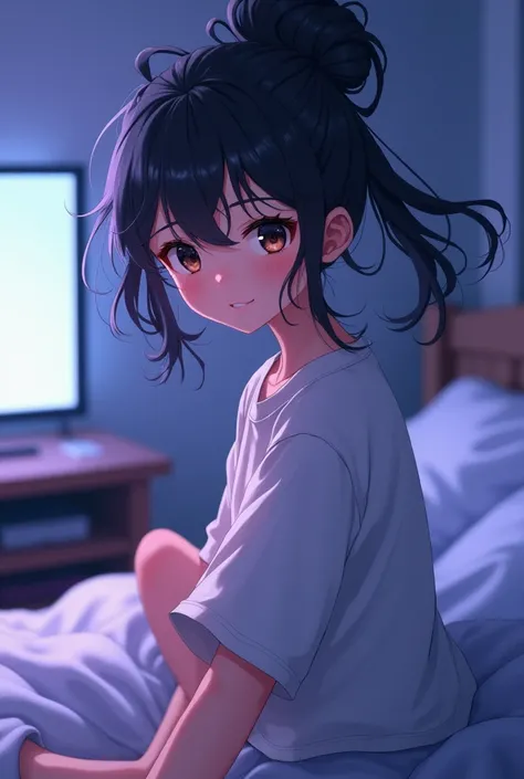 a girl with black hair ,  a Messi bun and a great charisma . on a bed with baggy clothes. sweetly lit and in front of the television. purple blue lights .  with a smile . anime