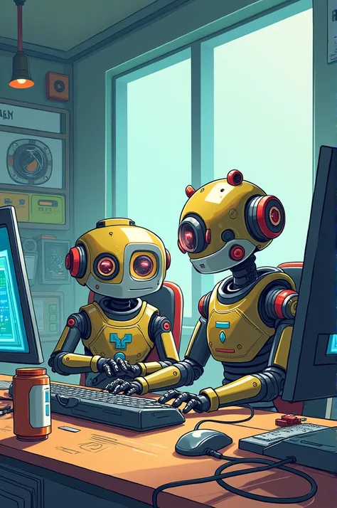 Humanoid robots working and watching computers,  cartoon 