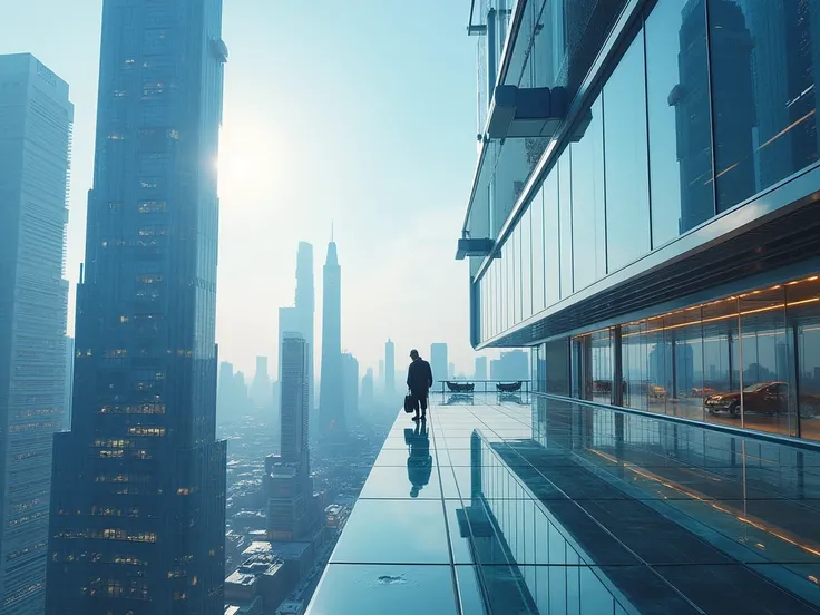 futuristic glass office on top of a digital skyscraper,  specialists offering breathtaking views of radiant ,  utopian city , without people