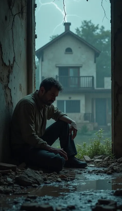 A 45-year-old man sits on the sad floor , in the background of his ruined house
The weather is rainy and lightning