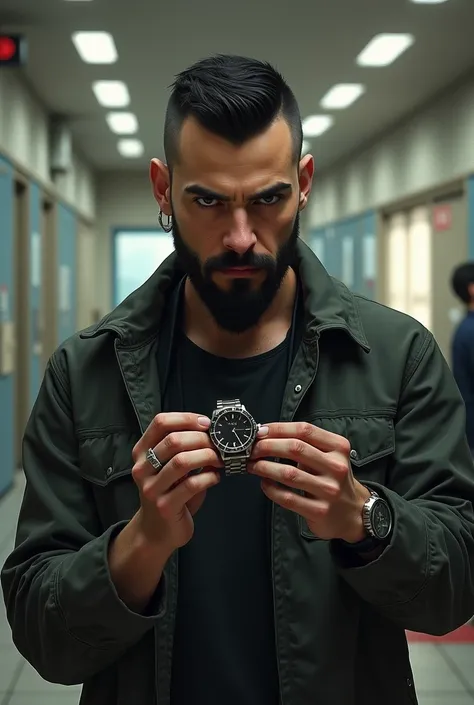 man with short black beard and buzzcut holding a watch and an earring in a post office