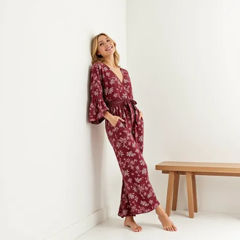    photorealistic image :    BLONDE WOMAN  ,  mel-eyed  ,   medium-long hair   , golden skin and a thin  , defined waist. 

  "The model wears a light burgundy cotton oversized jumpsuit in a vibrant floral print,  with wide sleeves and adjustable waist ."
...