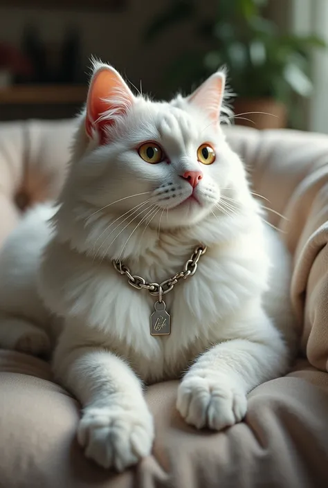 white cat on the sofa around the neck chain with the inscription TikT@k