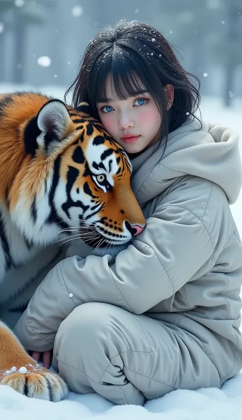 Create a Very Very Beautiful Unreal Beauty Korean Young 20 year Woman Sitting With A Tiger On Snow, Tiger Head Touching teenage Girl, Blue Eyes, Short Cut Straight Hairs, Beautiful White Skin, Unreal Skin, Cute Face, Snow Falling, Realistic Character, Unre...