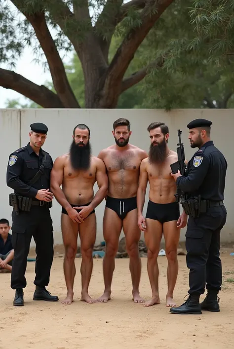 Five hairy , strong,  thick-bearded men in briefs with their hands raised behind their heads being searched by two police officers wearing black tactical military uniforms., rota, elite, black beret, armed with a rifle ,  black quails ,   on a walled plot ...