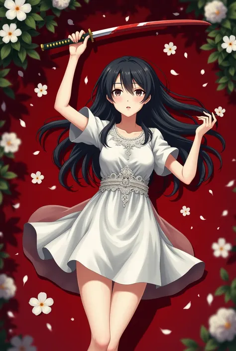 creepy art, Anime woman in a white dress lies in a pool of blood, stretching out his right hand to the top, he holds the katana by the handle in it, looking at the bloody blade,  there are many petals and buds of white flowers scattered around the girl, bl...