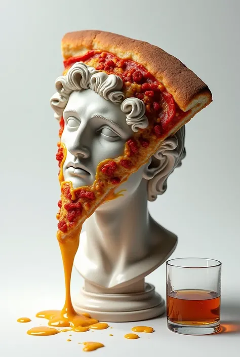 Roman bust sculpture fused with hot pizza and a glass of whiskey on white background