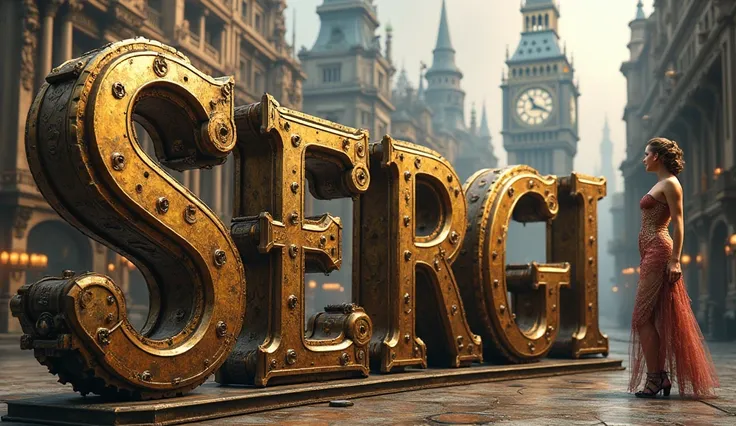 Create an intricate clockpunk scene with the full name SERGI displayed in large, ornate metallic letters. The letters should be designed like complex clockwork, with visible gears, springs, and cogs moving subtly. They should be made of brass and copper, w...