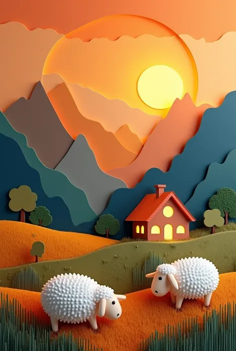 Landscape at sunset with mountains , sheep and a little house in orange tones using the layered colored cardboard technique