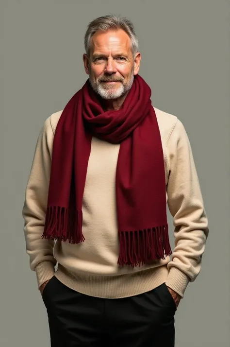 Man wearing beige sweater , red scarf and black pants
