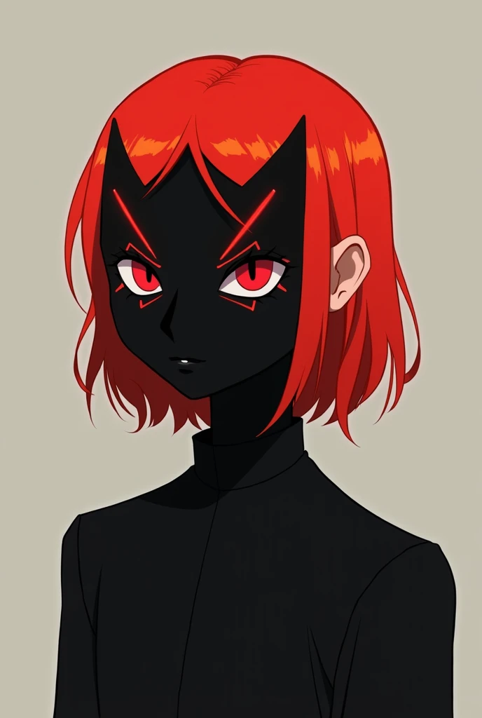 A 2d red haired guy with a black mask that cover the whole face and red flare at the eye sides of the mask the character wearing a plain black shirt