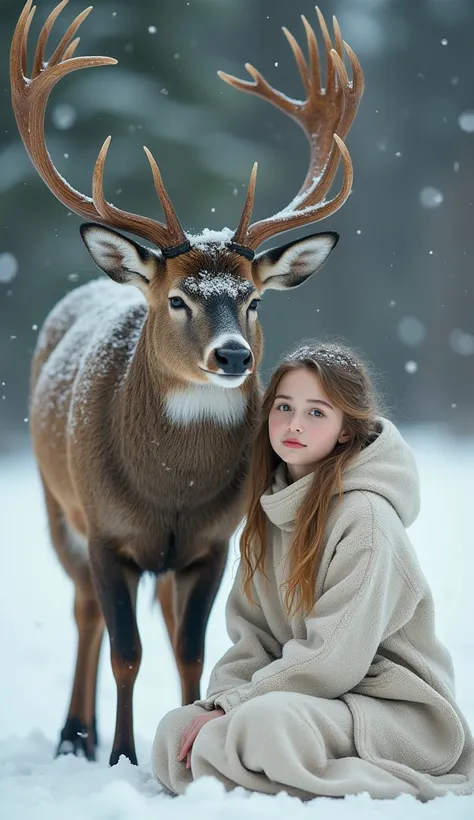 Create a Very Very Beautiful Unreal Beauty UK Young 20 year Woman Sitting With A Giant Deer On Snow, Giant Deer Head Touching Young Teenage Woman, Yellow Eyes, Very Short Hairs, Beautiful White Skin, Unreal Skin, Cute Face, British Culture Dress, Snow Fall...