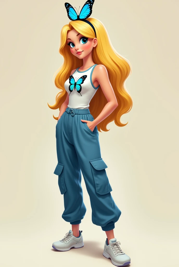 Miraculous : cheveux blond long lisse , pantalon bleu cargo foncé, maillot blanc avec papillon bleu , barrette papillon bleu , yeux bleu vert clair , maquillage léger, chaussures blanches, peau beige clair 