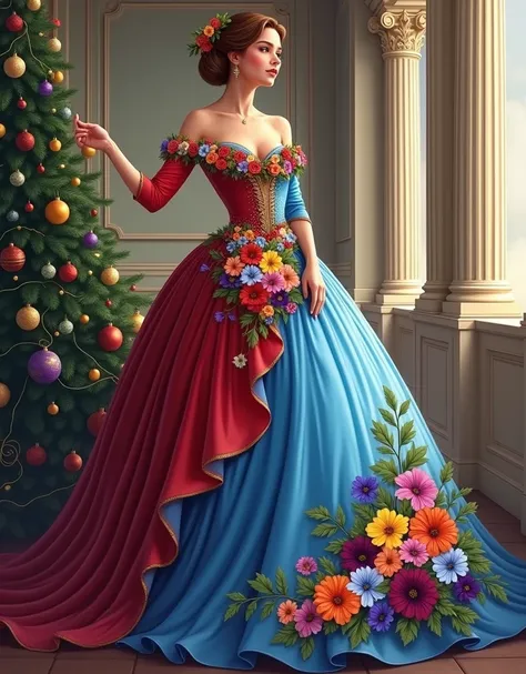 A fantastical illustration depicts an elegant ball gown worn by a woman standing in a grand, ornate hallway with classical architectural elements. The gown features an intricate gradient design that transitions from deep crimson red at the bodice to rich s...