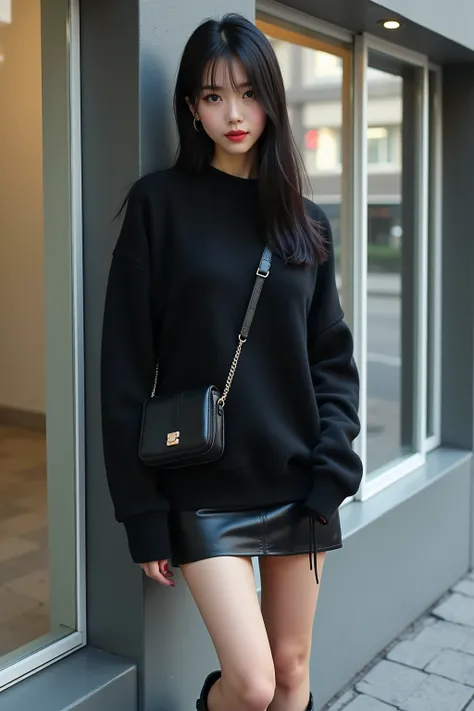 A hyper-realistic depiction of a slim Japanese woman with long straight black hair and light skin. She is wearing a black oversized sweater, a black mini skirt, a black crossbody bag, and black lace-up combat boots. She is in a casual pose, leaning against...