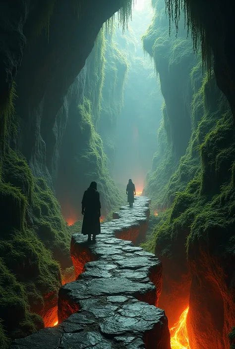 Mosses stone track in burning lush cave with lava