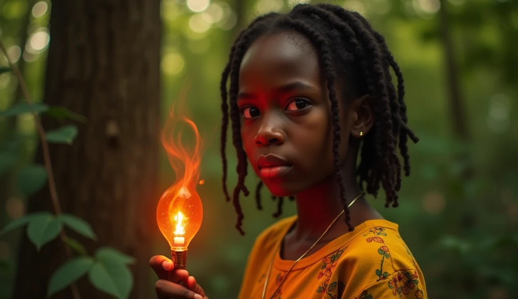 une jeune fille africaine très belle de figure avec (les cheveux tressés de la couleur jaune) qui meurt dinquiétude, dans la forêt avec  une femme mystérieuse (avec une lampe rouge dans la main) qui se présenta comme la déesse de la beauté.
