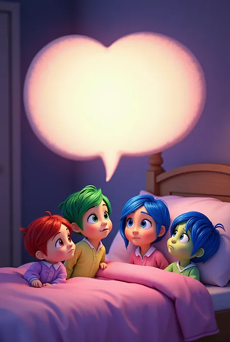 The cast of Inside Out The Disney film dressed in their pyjamas ready for bed with a large speech bubble that has the text:"Felicidades Rafaela en tu examen, tú puedes"