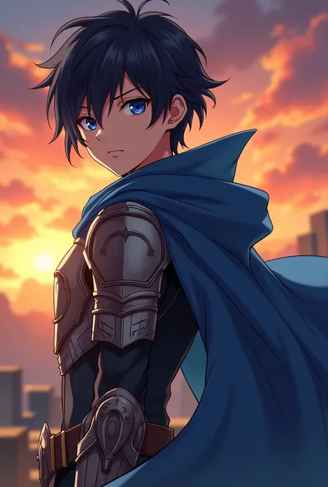 a black-haired boy, ojos azules, with armor, blue cape on an anime-style sunset background,  male 