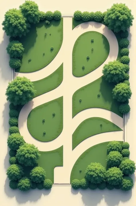 The plan of a park ,  that has 4 paths and that can be seen from above ,  showing areas with green color and lines that show that it is closed around, , besides that it has nothing, only the path , , the green areas, trees and shrubs  