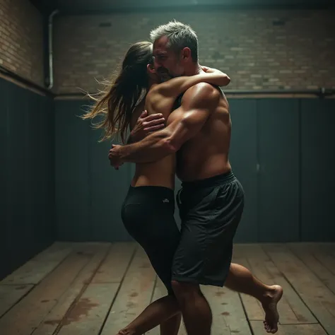  cinematic shot, An old gym ,  one runs into the arms of her father ,  who just won a jiu-jitsu fight 