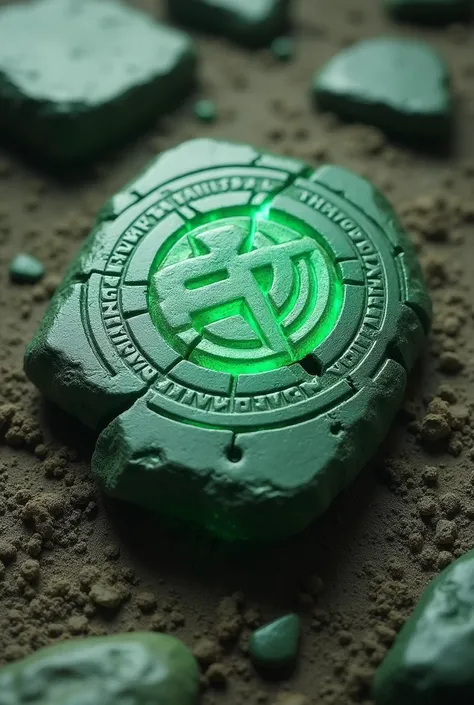  create the image of a green stone , With elven runes  ,  it has no shine and the stone is broken 